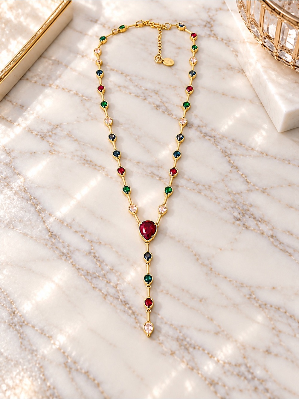 Gold Filled Multi-Gem Teardrop Y- Necklace - Elegant Women’s Jewelry